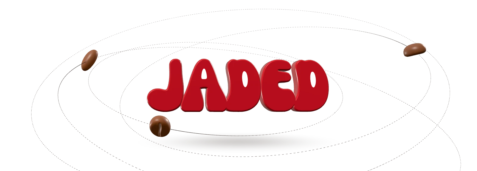 The JADED wordmark in glazed red, with three roasted coffee beans on dashed elliptical orbits around it.